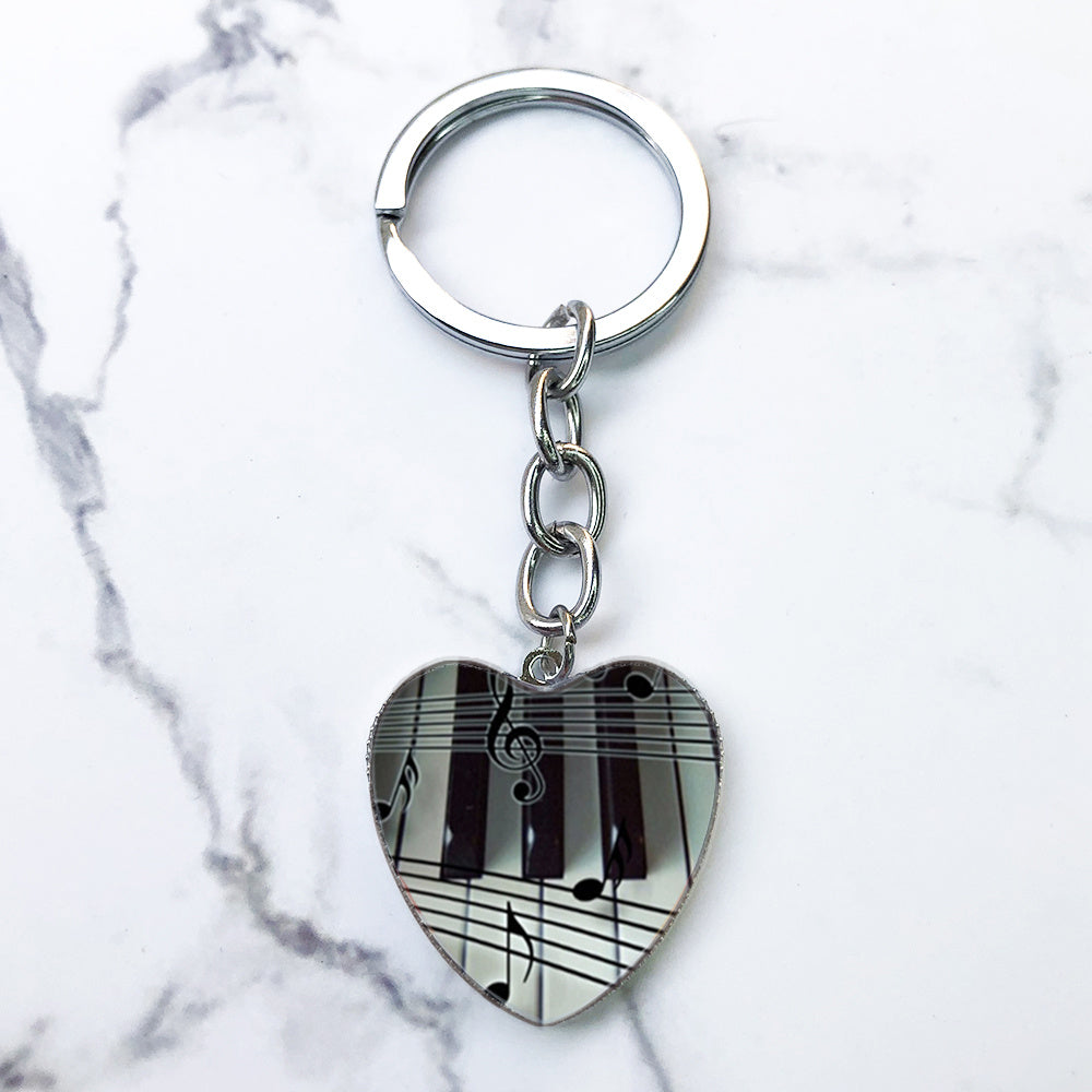 Piano Keys Music Notes Key Chain Heart Shaped Glass Gem Pendant Keyring