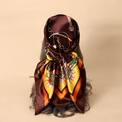Classic Chain Print Satin Scarf Silk Sunscreen Shawl Hijab Woman Travel