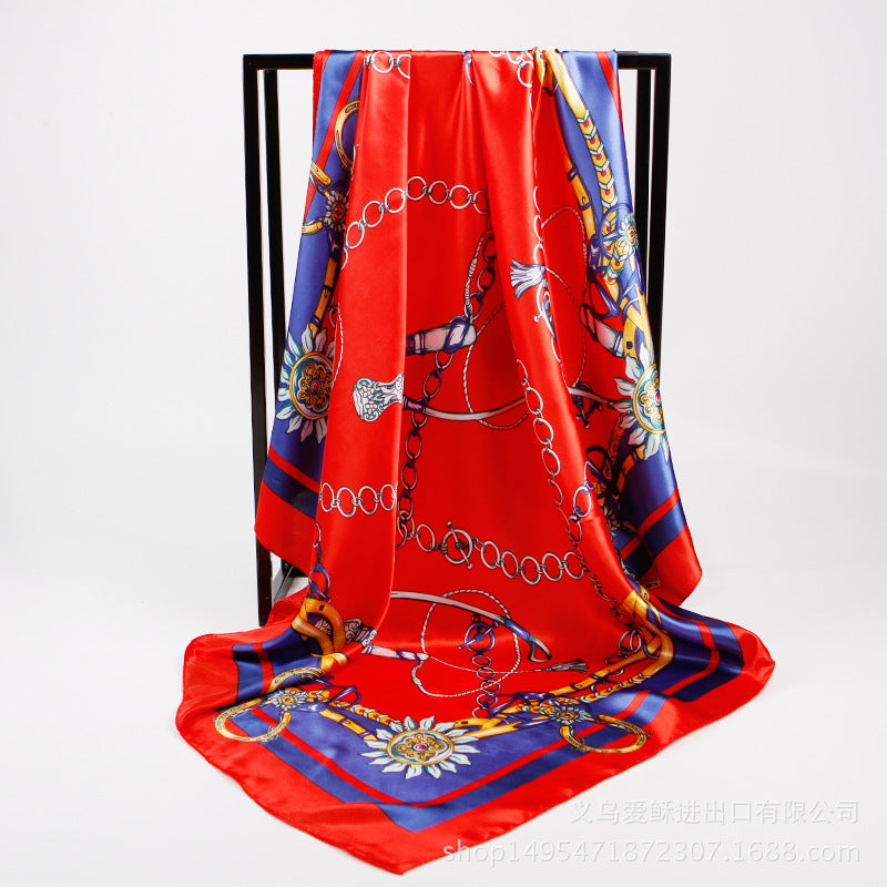 Classic Chain Print Satin Scarf Silk Sunscreen Shawl Hijab Woman Travel