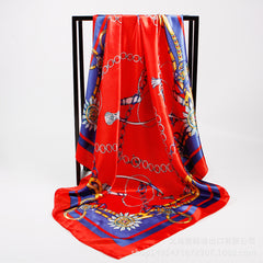 Classic Chain Print Satin Scarf Silk Sunscreen Shawl Hijab Woman Travel