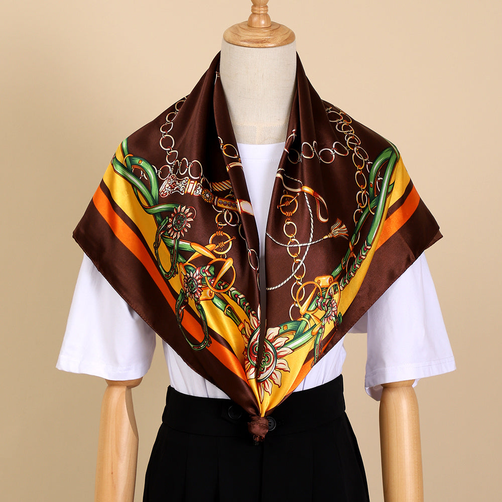 Classic Chain Print Satin Scarf Silk Sunscreen Shawl Hijab Woman Travel
