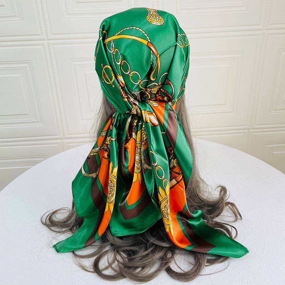 Classic Chain Print Satin Scarf Silk Sunscreen Shawl Hijab Woman Travel