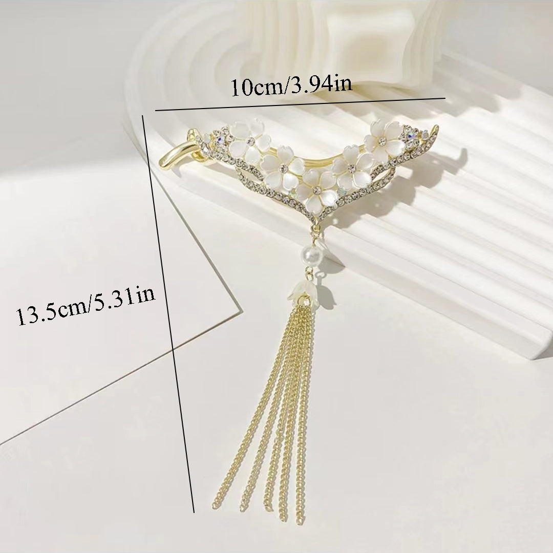 V Flower Hair Clip Faux Pearl Tassel Rhinestone Back Head Clip