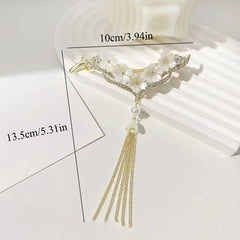 V Flower Hair Clip Faux Pearl Tassel Rhinestone Back Head Clip
