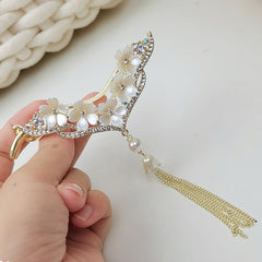 V Flower Hair Clip Faux Pearl Tassel Rhinestone Back Head Clip