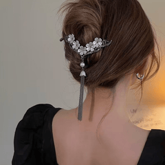 V Flower Hair Clip Faux Pearl Tassel Rhinestone Back Head Clip