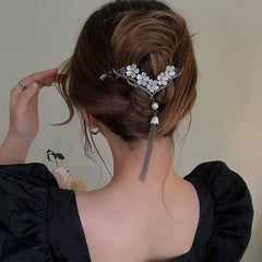 V Flower Hair Clip Faux Pearl Tassel Rhinestone Back Head Clip