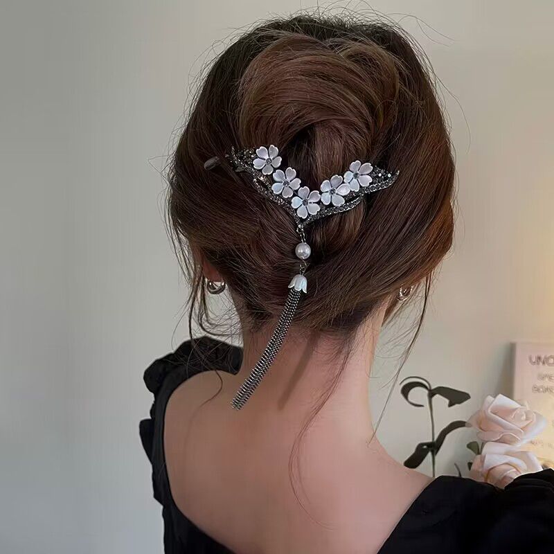 V Flower Hair Clip Faux Pearl Tassel Rhinestone Back Head Clip