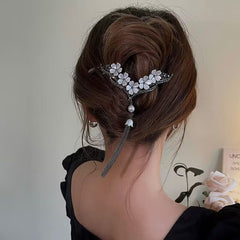V Flower Hair Clip Faux Pearl Tassel Rhinestone Back Head Clip
