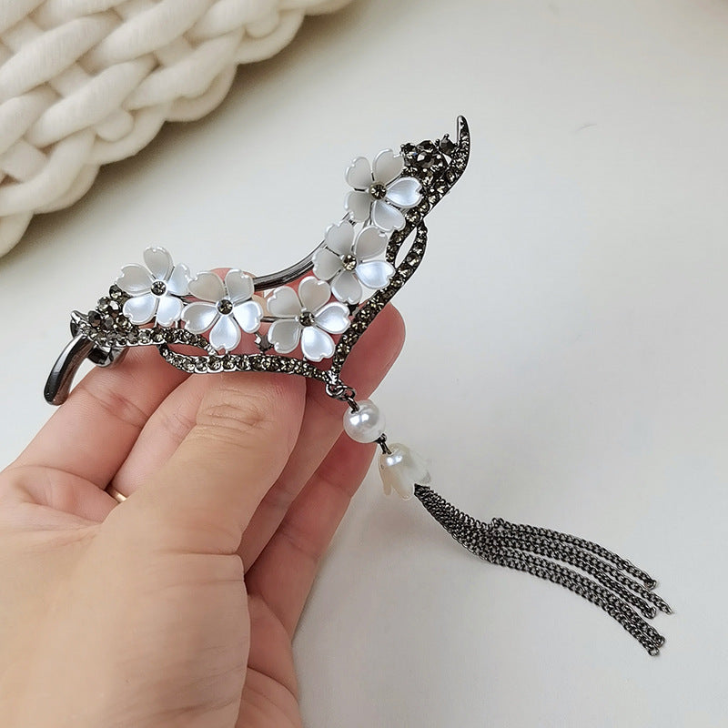 V Flower Hair Clip Faux Pearl Tassel Rhinestone Back Head Clip