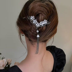 V Flower Hair Clip Faux Pearl Tassel Rhinestone Back Head Clip