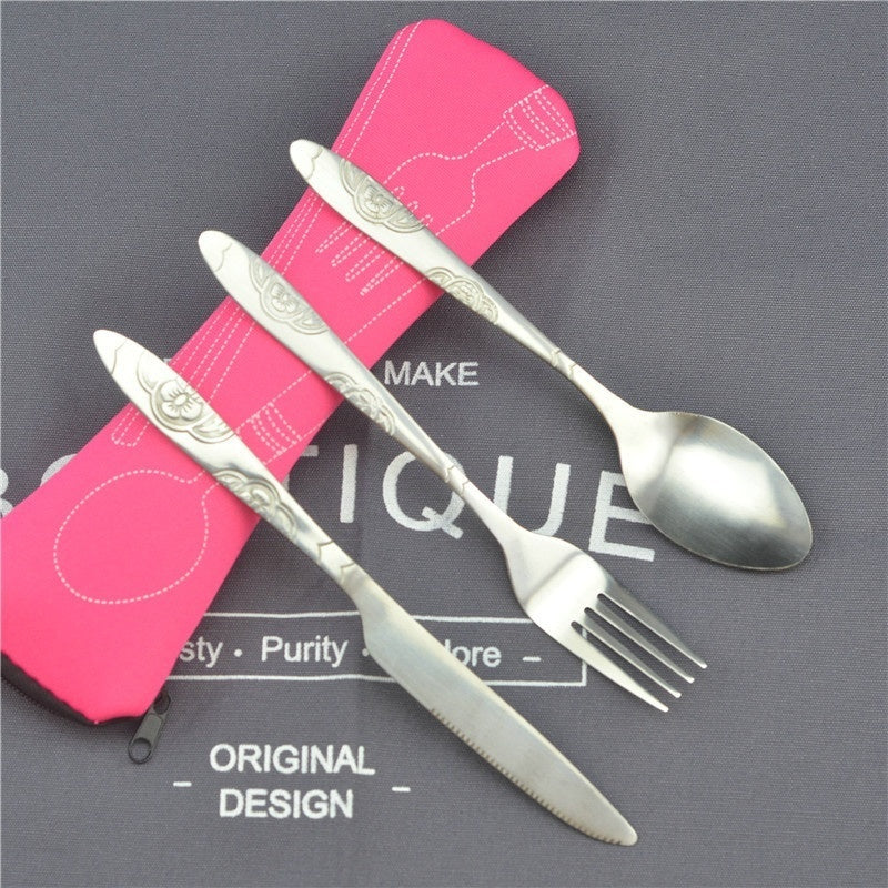 3pcs Stainless Steel Cutlery Set w/ Bag for Travel & Outdoor Dining