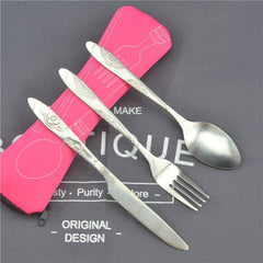 3pcs Stainless Steel Cutlery Set w/ Bag for Travel & Outdoor Dining