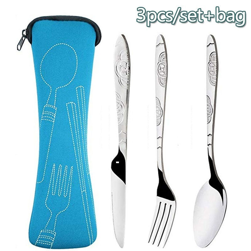 3pcs Stainless Steel Cutlery Set w/ Bag for Travel & Outdoor Dining