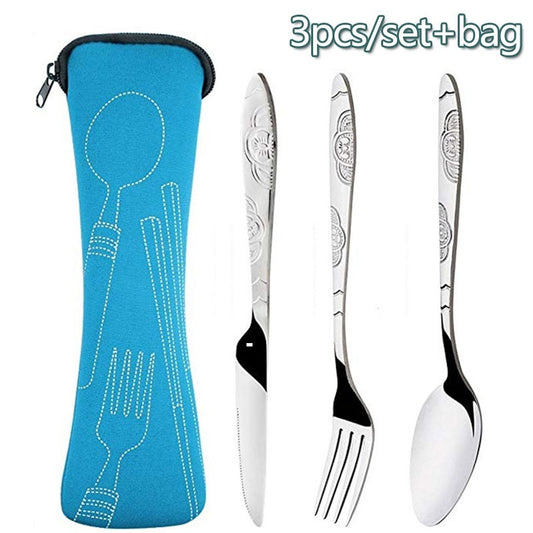 3pcs Stainless Steel Cutlery Set w/ Bag for Travel & Outdoor Dining