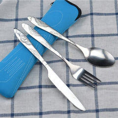 3pcs Stainless Steel Cutlery Set w/ Bag for Travel & Outdoor Dining