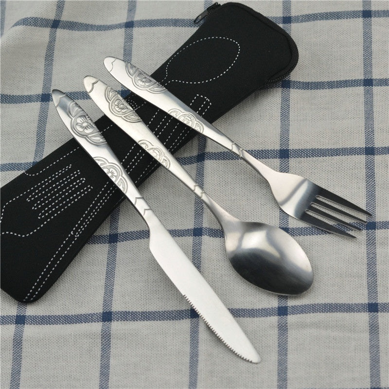 3pcs Stainless Steel Cutlery Set w/ Bag for Travel & Outdoor Dining
