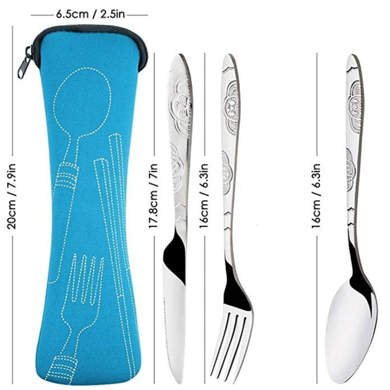 3pcs Stainless Steel Cutlery Set w/ Bag for Travel & Outdoor Dining