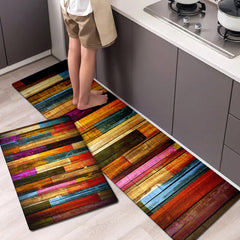 Boho Anti Fatigue Kitchen Rug Colorful Wooden Striped Absorbent Non Slip Mat