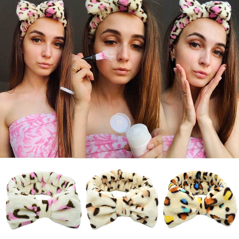 Leopard Print Bowknot Headband Flannel Soft Hair Band Turban for Women