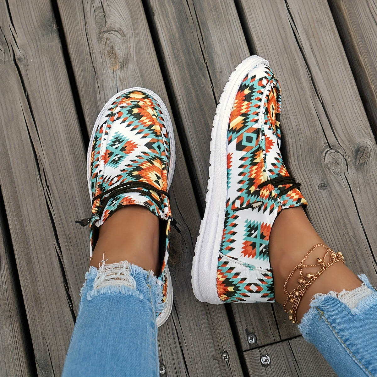Women's Geometric Pattern Canvas Shoes Casual Lace Up Outdoor Sneakers