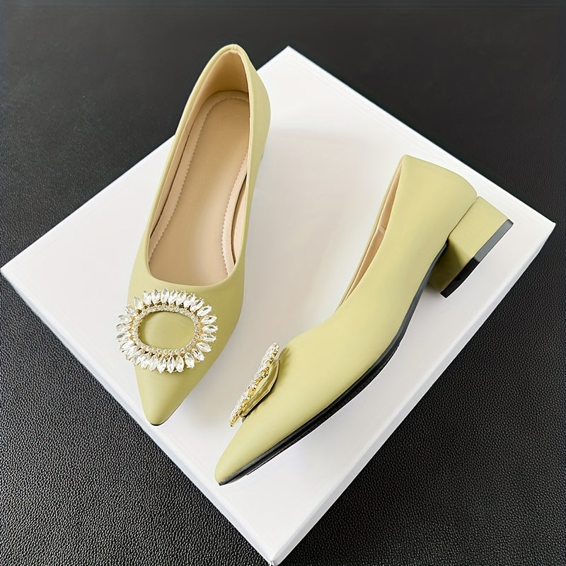 Rhinestone Slip On Point Toe Chunky Heel Shoes