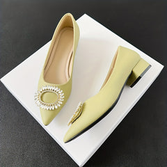 Rhinestone Slip On Point Toe Chunky Heel Shoes