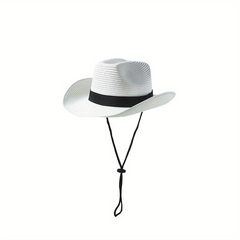 Unisex Western Cowboy Straw Hat Rolled Brim Sunscreen Sun Hat