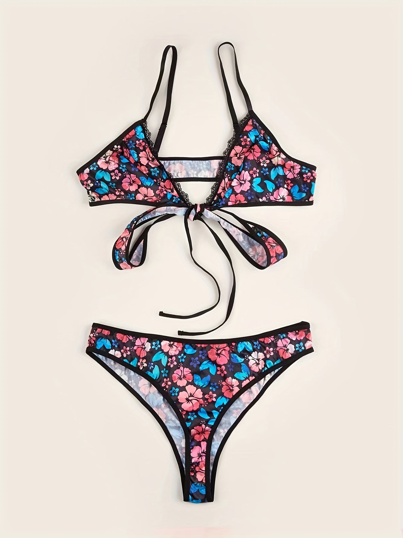  Floral Print Criss Cross Tie Back Bra & Brief 2pcs Set