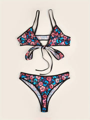  Floral Print Criss Cross Tie Back Bra & Brief 2pcs Set