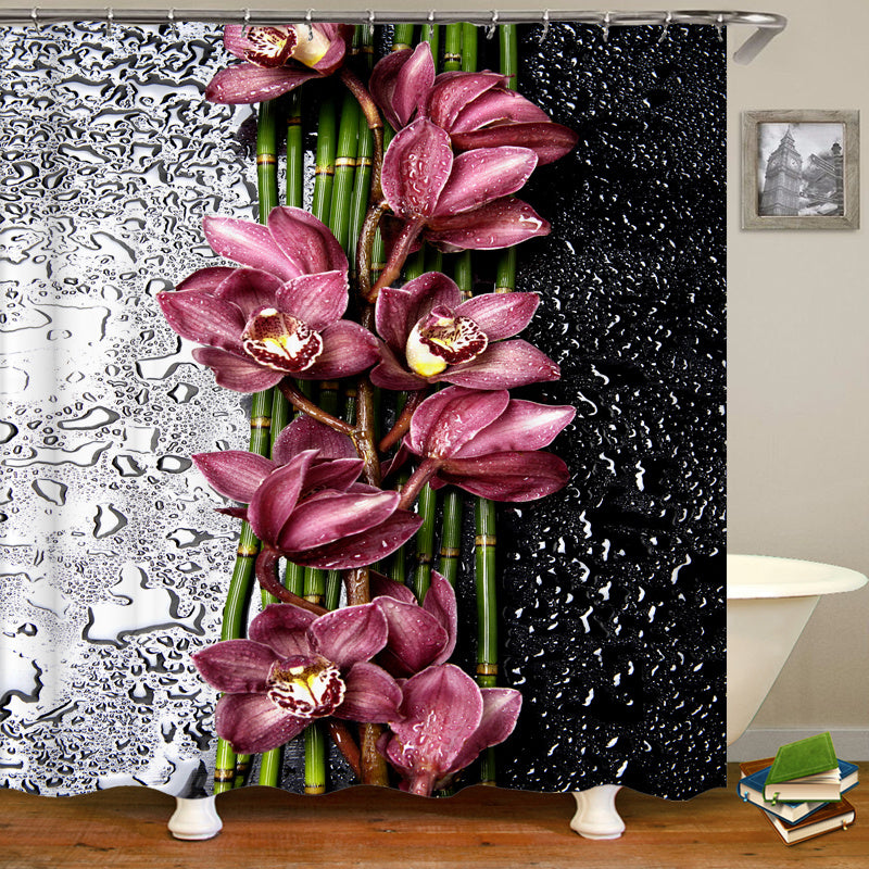 Flower Pattern Waterproof Shower Curtain Set with 12 Hooks