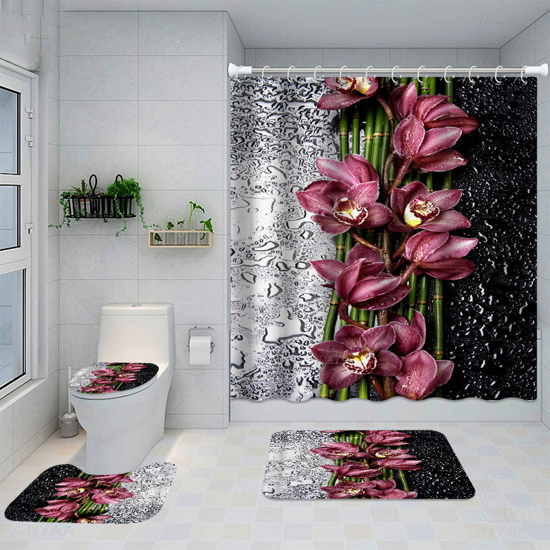 Flower Pattern Waterproof Shower Curtain Set with 12 Hooks