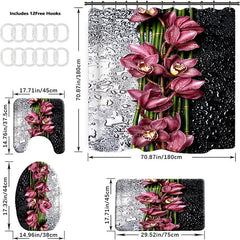 Flower Pattern Waterproof Shower Curtain Set with 12 Hooks