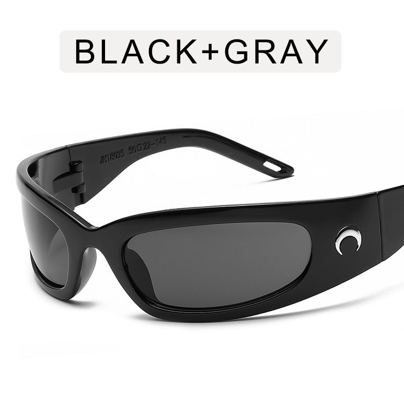 Y2K Wrap Around Sunglasses Cyberpunk Crescent Moon Outdoor Shades UV400