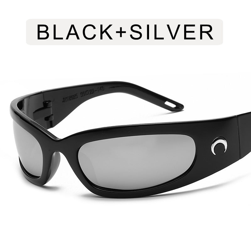Y2K Wrap Around Sunglasses Cyberpunk Crescent Moon Outdoor Shades UV400
