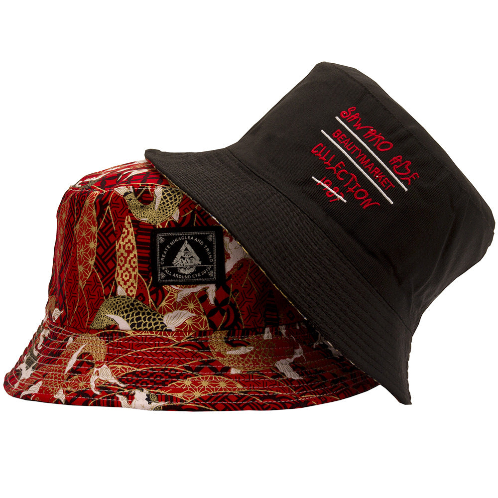 Goldfish Embroidery Bucket Hat Reversible Hip Hop Couple Basin Hat Unisex
