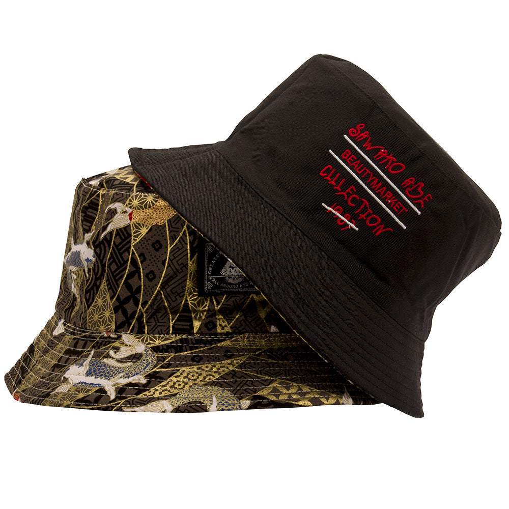 Goldfish Embroidery Bucket Hat Reversible Hip Hop Couple Basin Hat Unisex