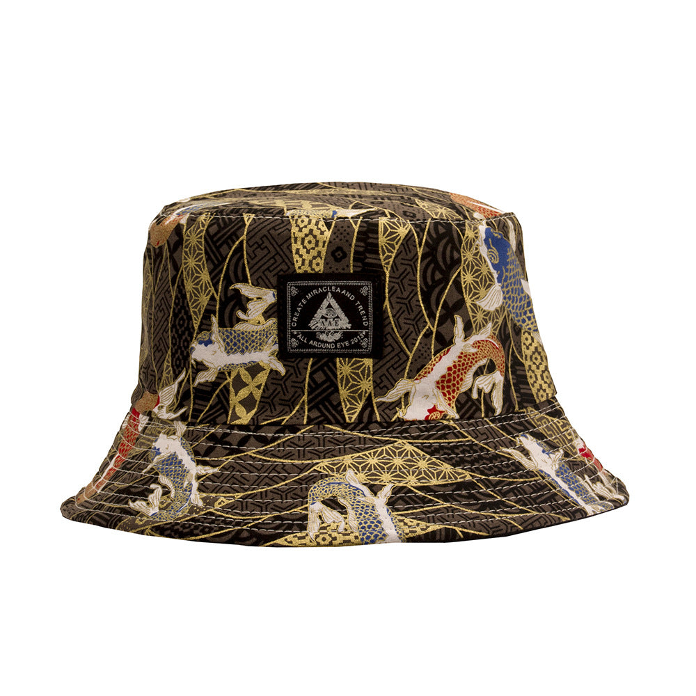 Goldfish Embroidery Bucket Hat Reversible Hip Hop Couple Basin Hat Unisex