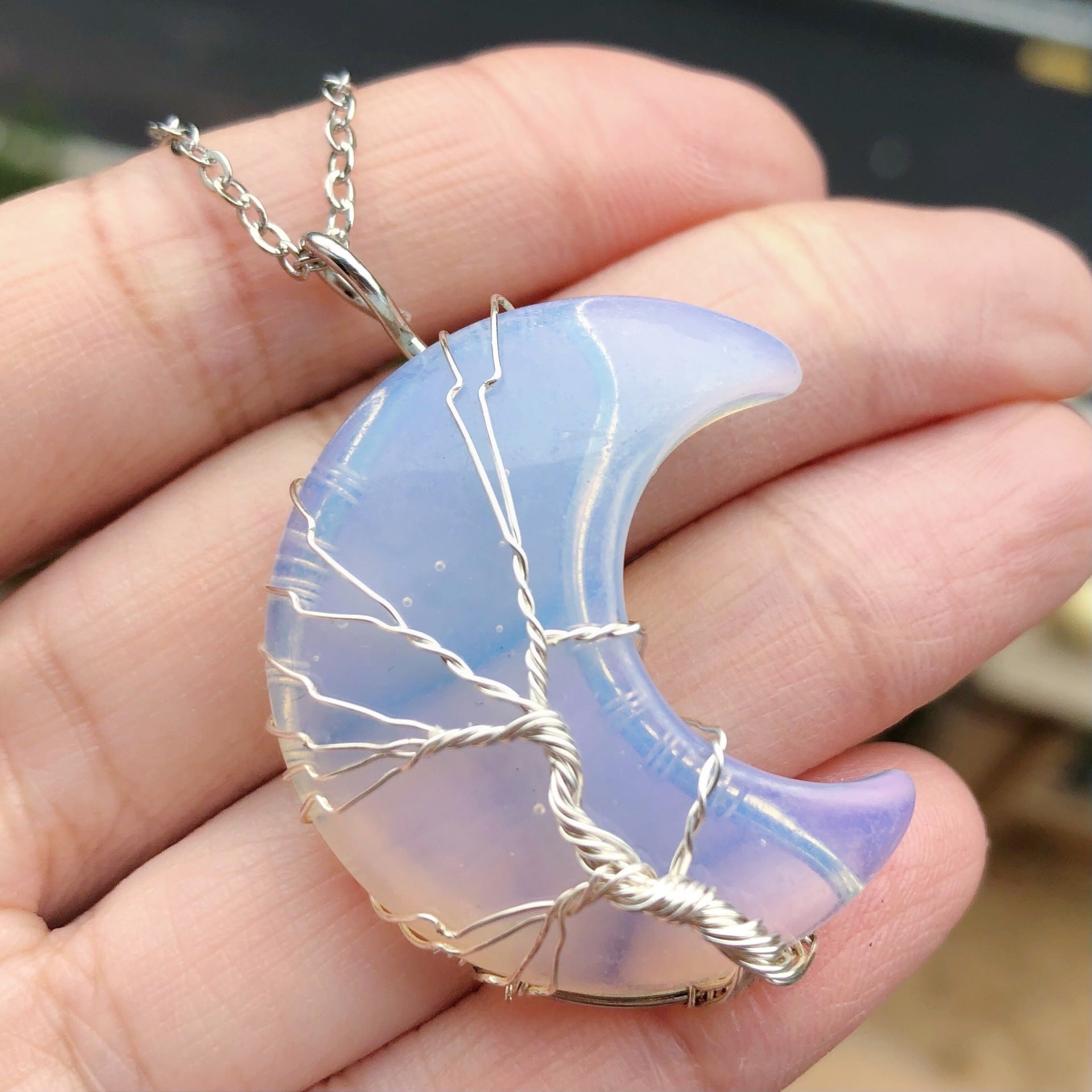 Tree Of Life Moon Pendant Necklace Reiki Healing Crystal Stone Necklaces