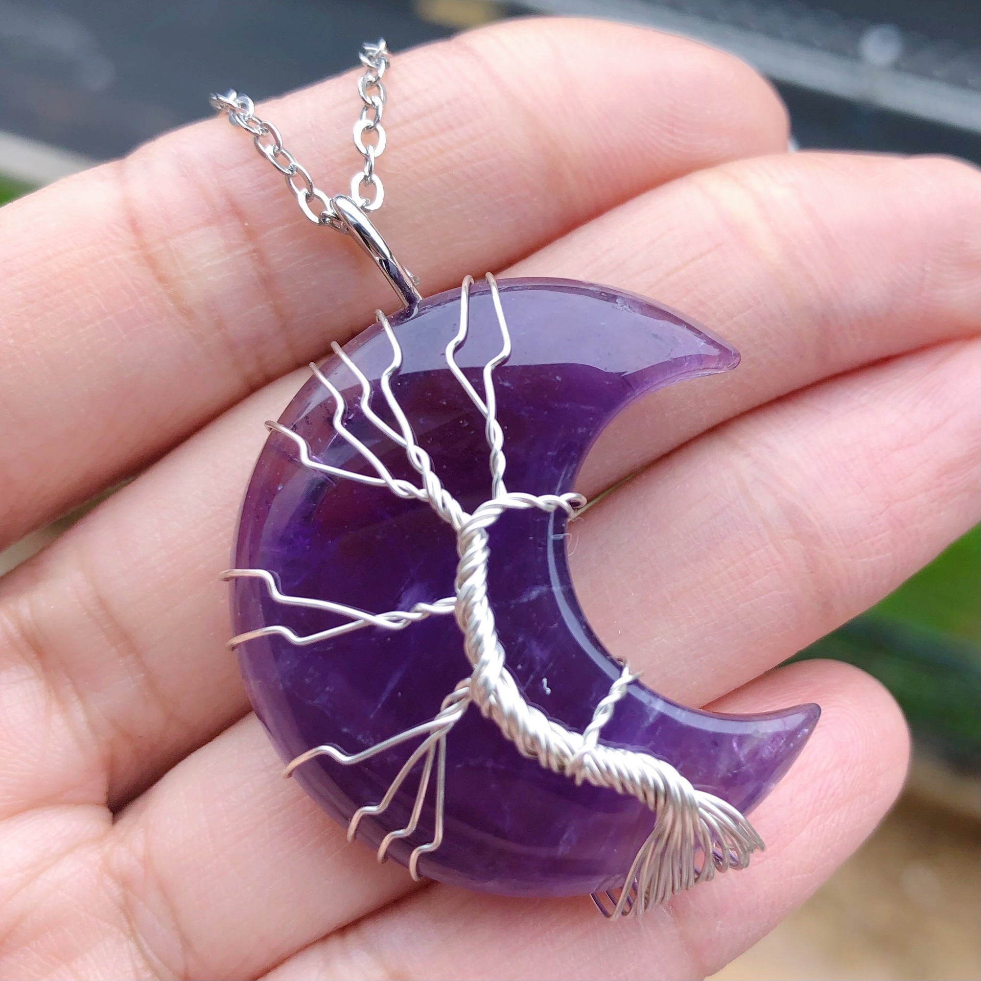 Tree Of Life Moon Pendant Necklace Reiki Healing Crystal Stone Necklaces