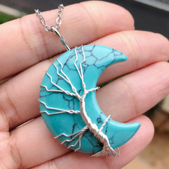 Tree Of Life Moon Pendant Necklace Reiki Healing Crystal Stone Necklaces