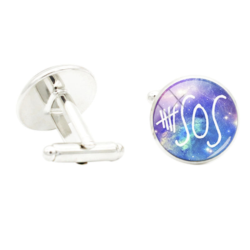 SOS Pop Singer Fans Glass Gem Cufflinks Rhodium Plated Alloy Base