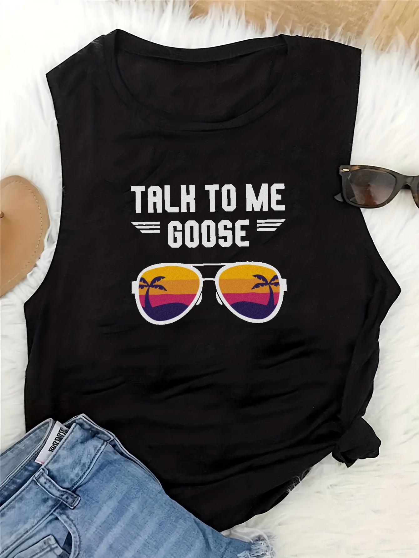  Beach Print Round Neck Tank Top