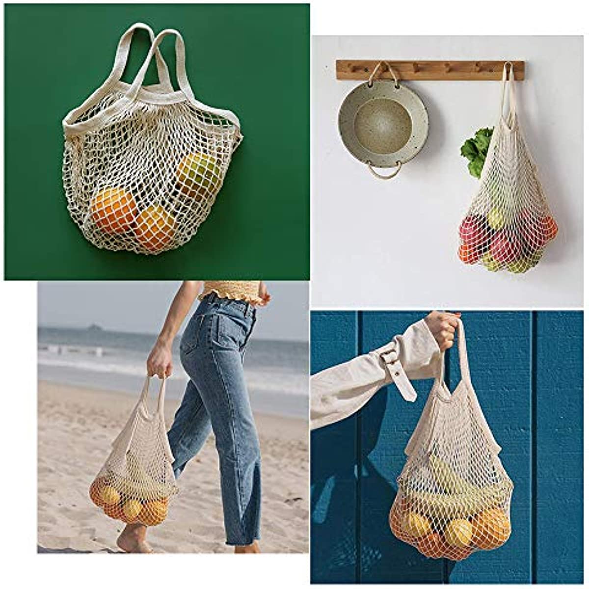 Cotton Mesh Grocery Bag with Short Handle, Portable Tote