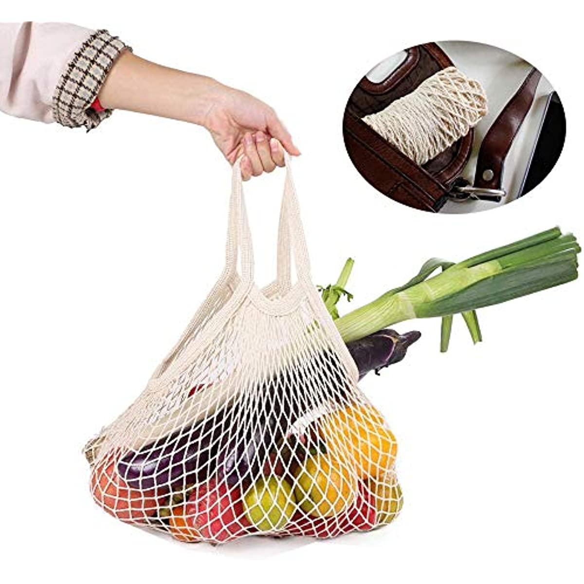 Cotton Mesh Grocery Bag with Short Handle, Portable Tote