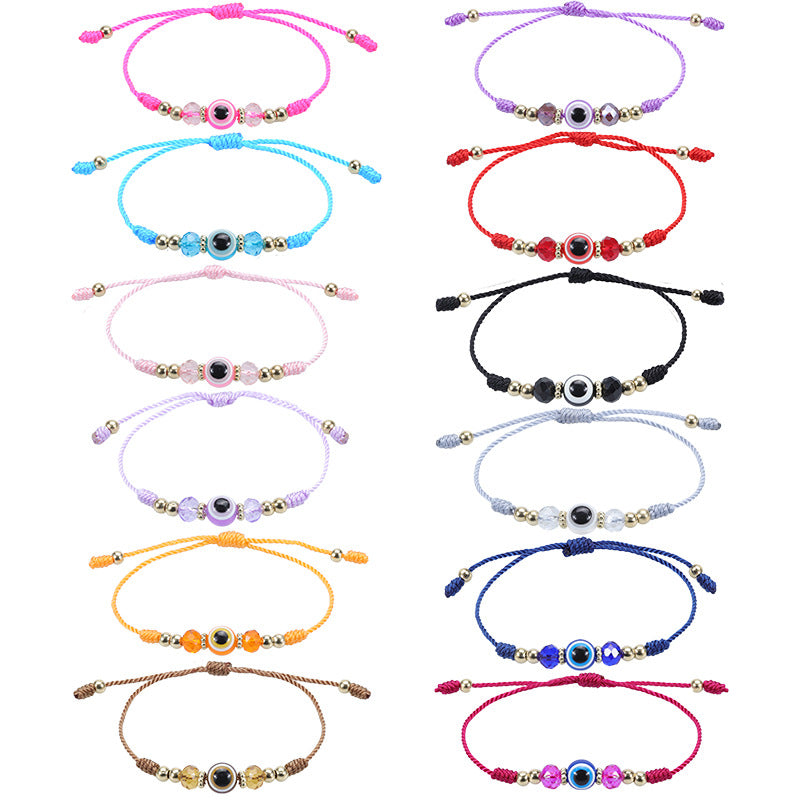 Devil's Eye & Crystal Beaded Lucky Bracelet Adjustable Woven Fashion Jewelry
