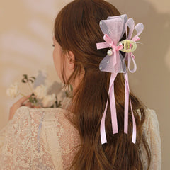 Mesh Bow Hair Claw With Faux Pearl and Ribbon Hair Accessories