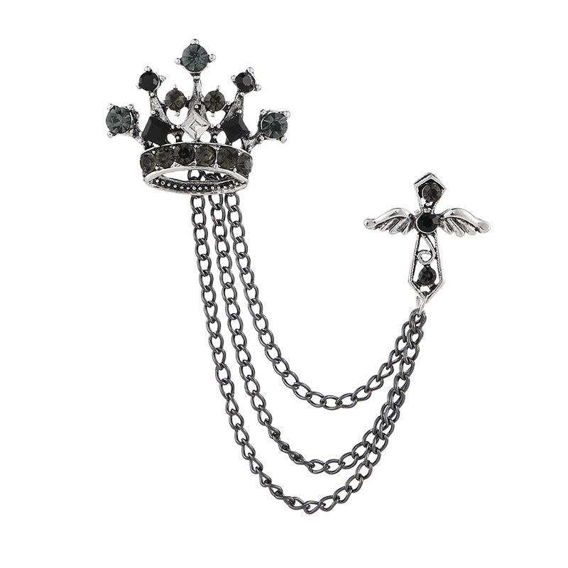 Men's Crystal Cross Crown Chain Tassel Brooch Pin