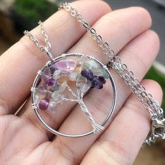 Amethyst Crystal Silver Tree Of Life Necklace