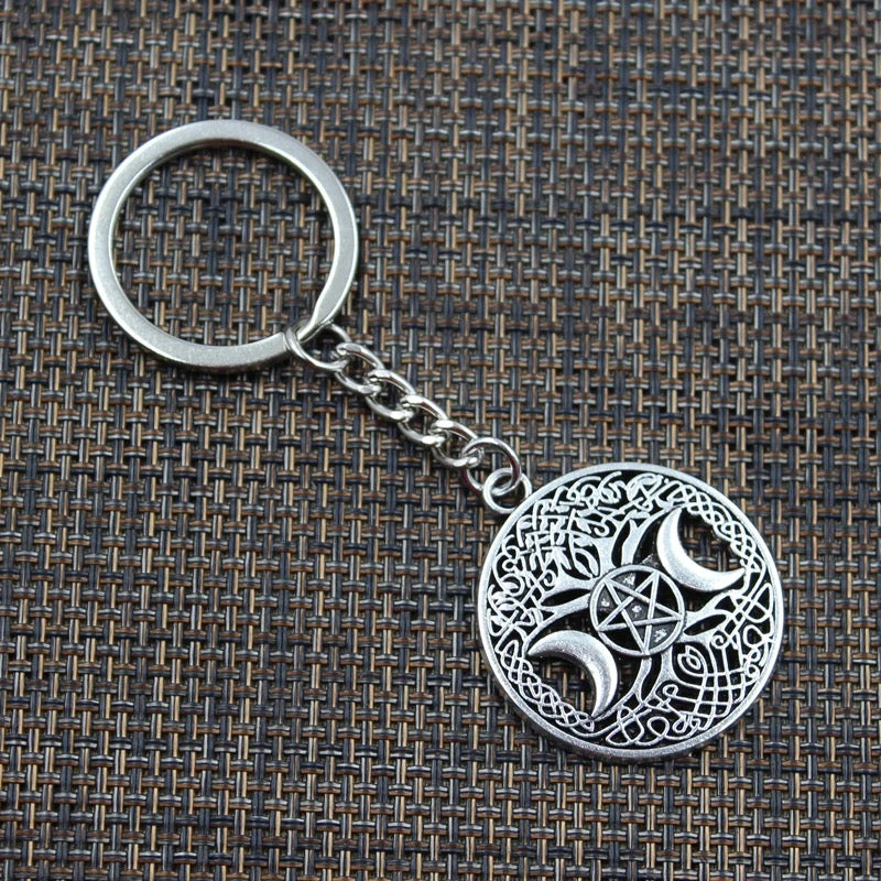 Triple Moon Goddess Keychain Pentagram Magic Tree Key Ring Witch Key Chain